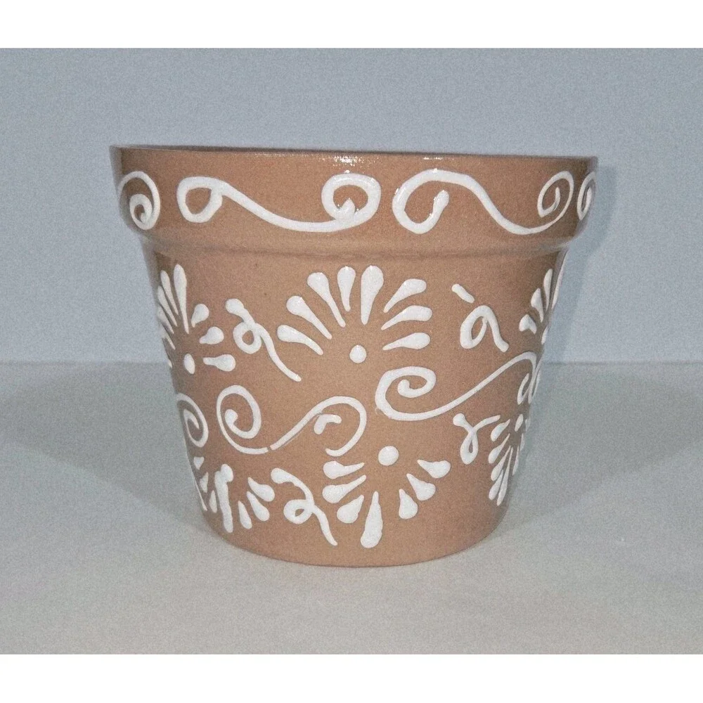Terracotta And White Clay Planter 8 X 6.5 Inches Tall Hand Painted Mexican Art